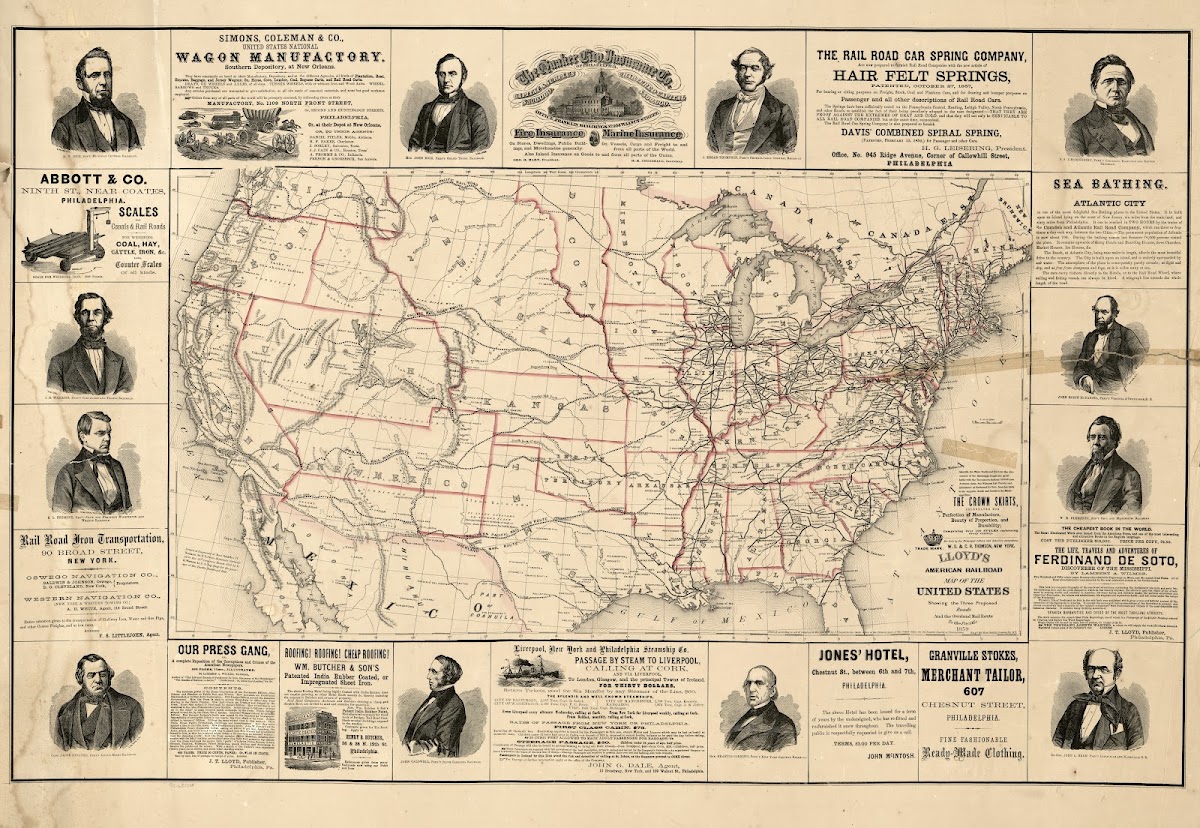 Lloyds American railroad map of the United States showing the three proposed roa