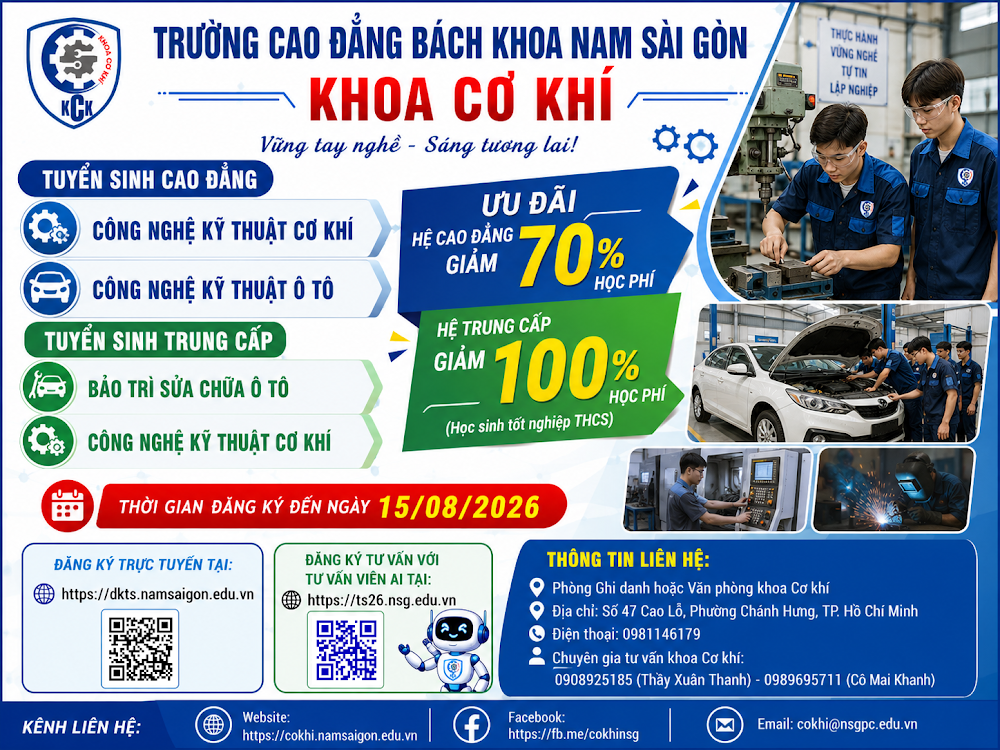 TUYỂN SINH 2026 – KHOA CƠ KHÍ TRƯỜNG CAO ĐẲNG BÁCH KHOA NAM SÀI GÒN
