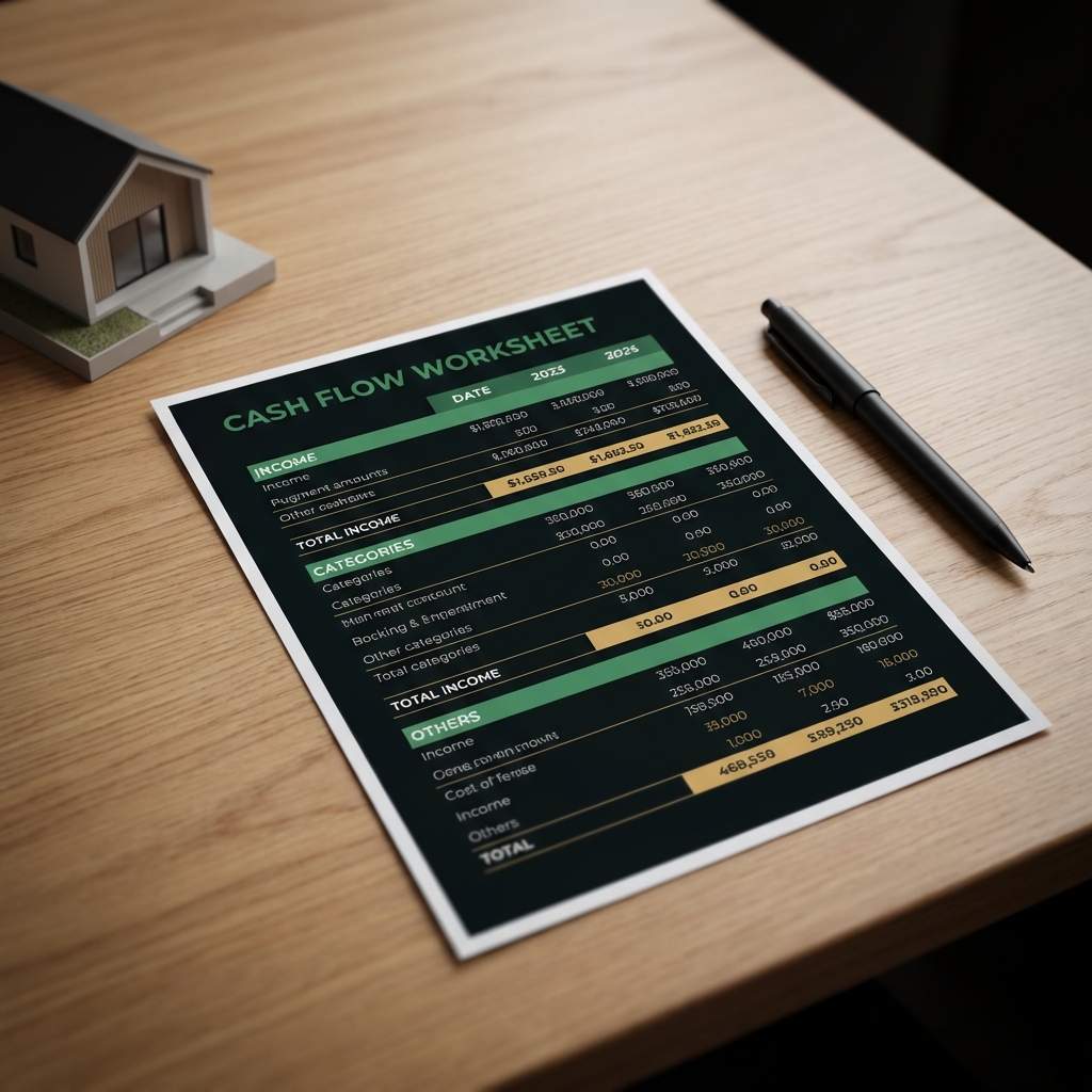 Close up cash flow worksheet with pen and small house model on wooden table illustrating how can i buy a rental property in a minimalist Finance Police aesthetic
