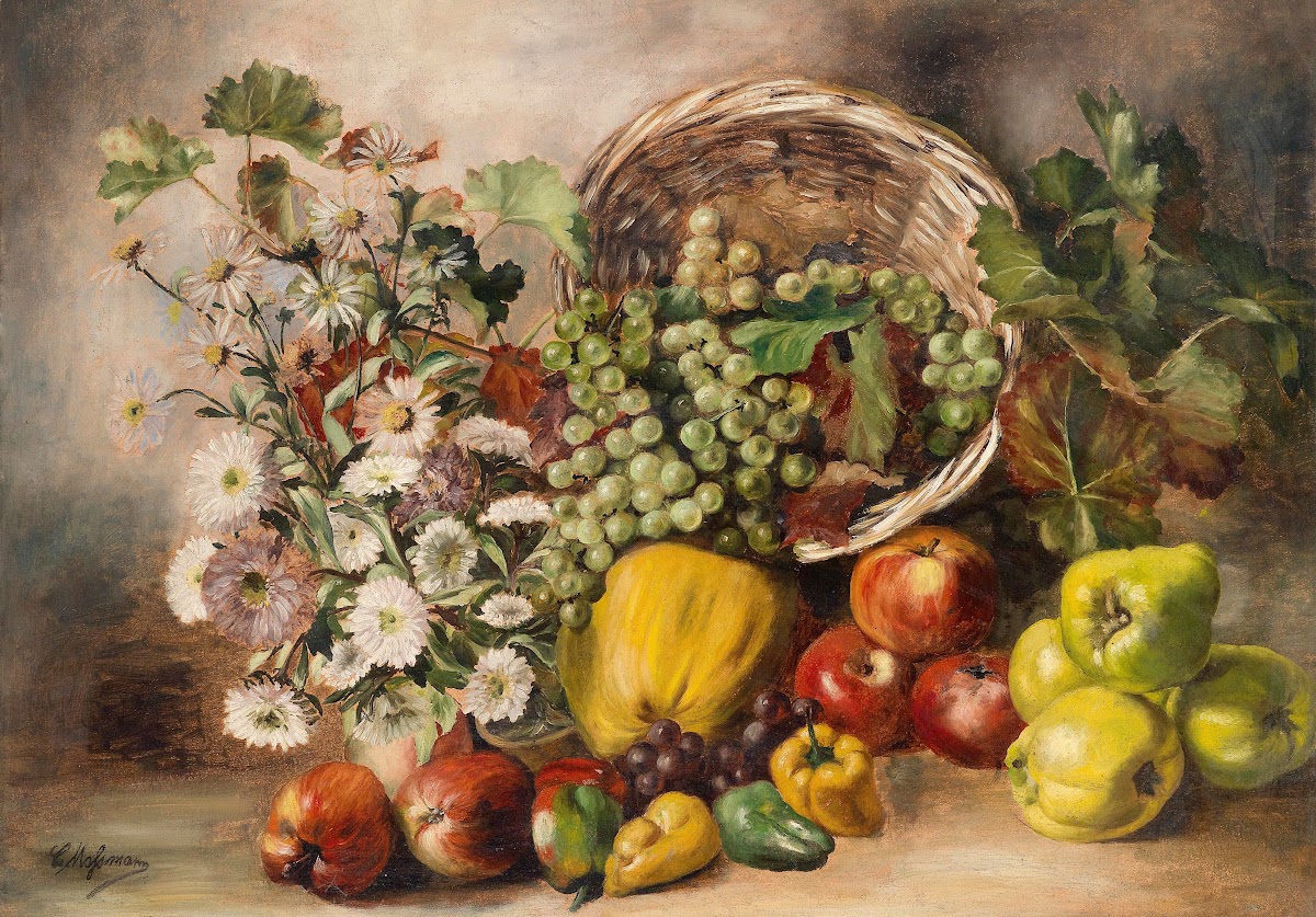 Stillleben mit Astern und Obstkorb