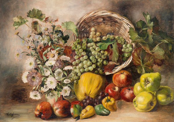 Stillleben mit Astern und Obstkorb