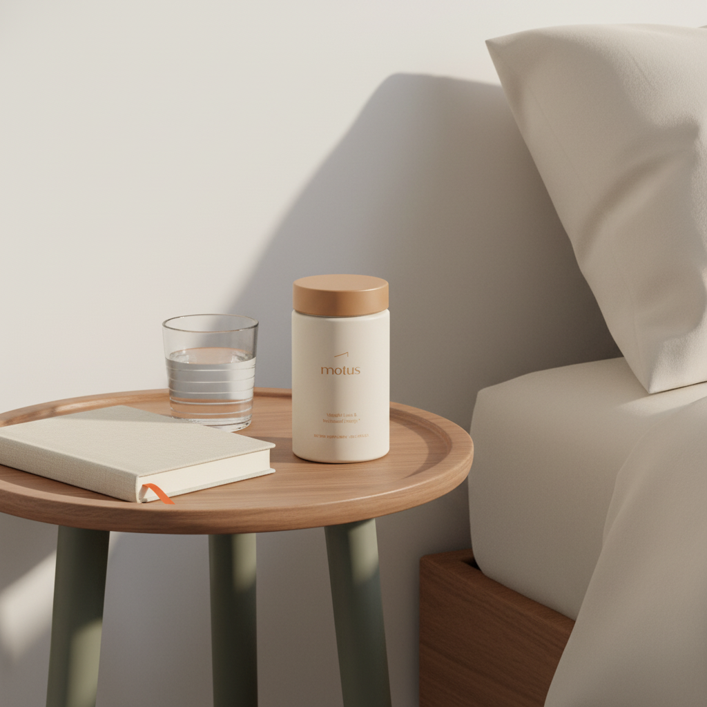Minimalist bedside scene with Tonum Motus supplement bottle on a wooden table beside a journal and glass of water, evoking calm daily routine for GNC weight loss supplements.