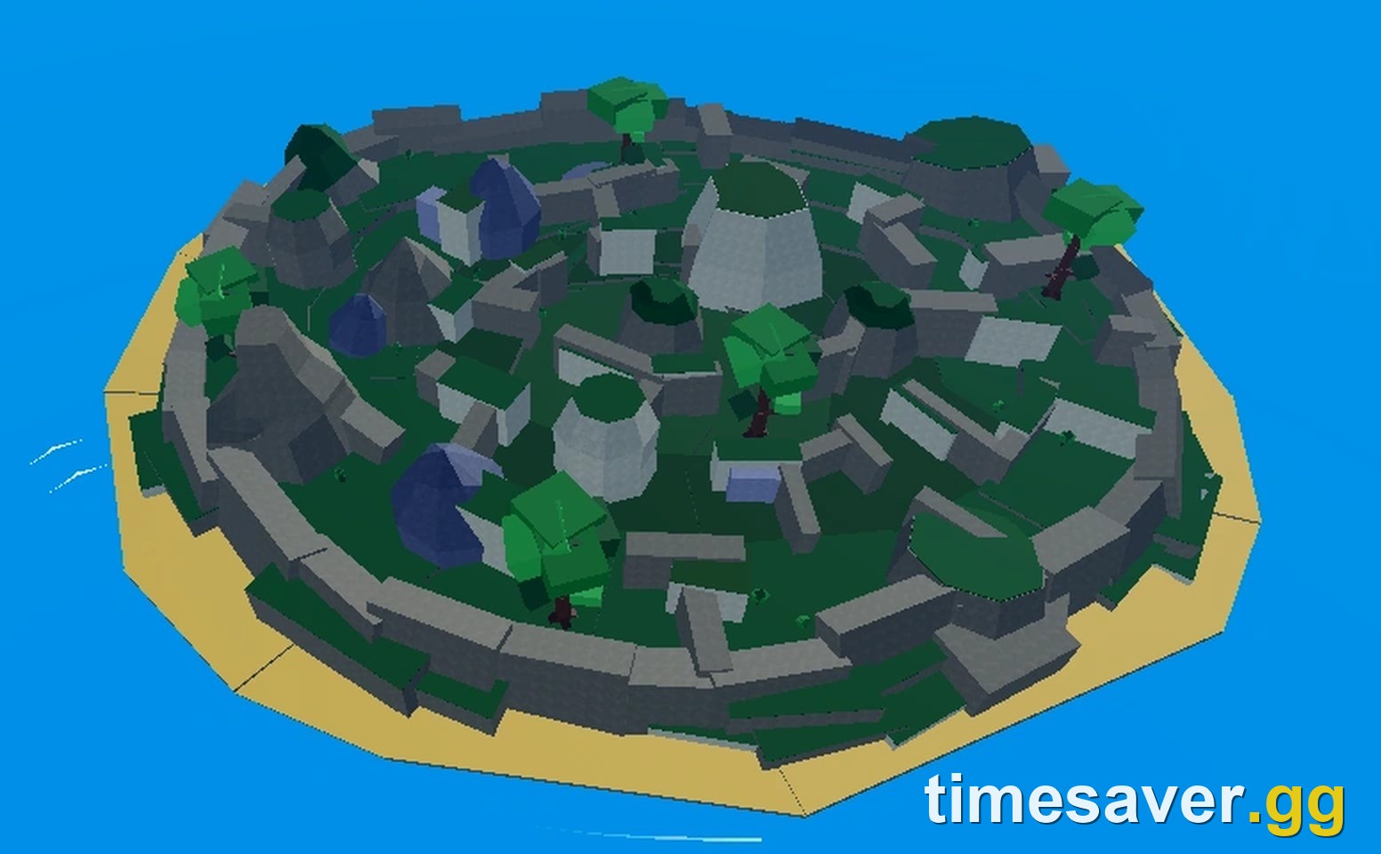 Daytime aerial view of Mirage Island in Blox Fruits, showing its ring wall and central peaks