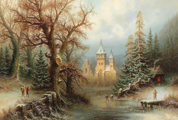 Romantic Winter Landscape With Ice Skaters By A Castle