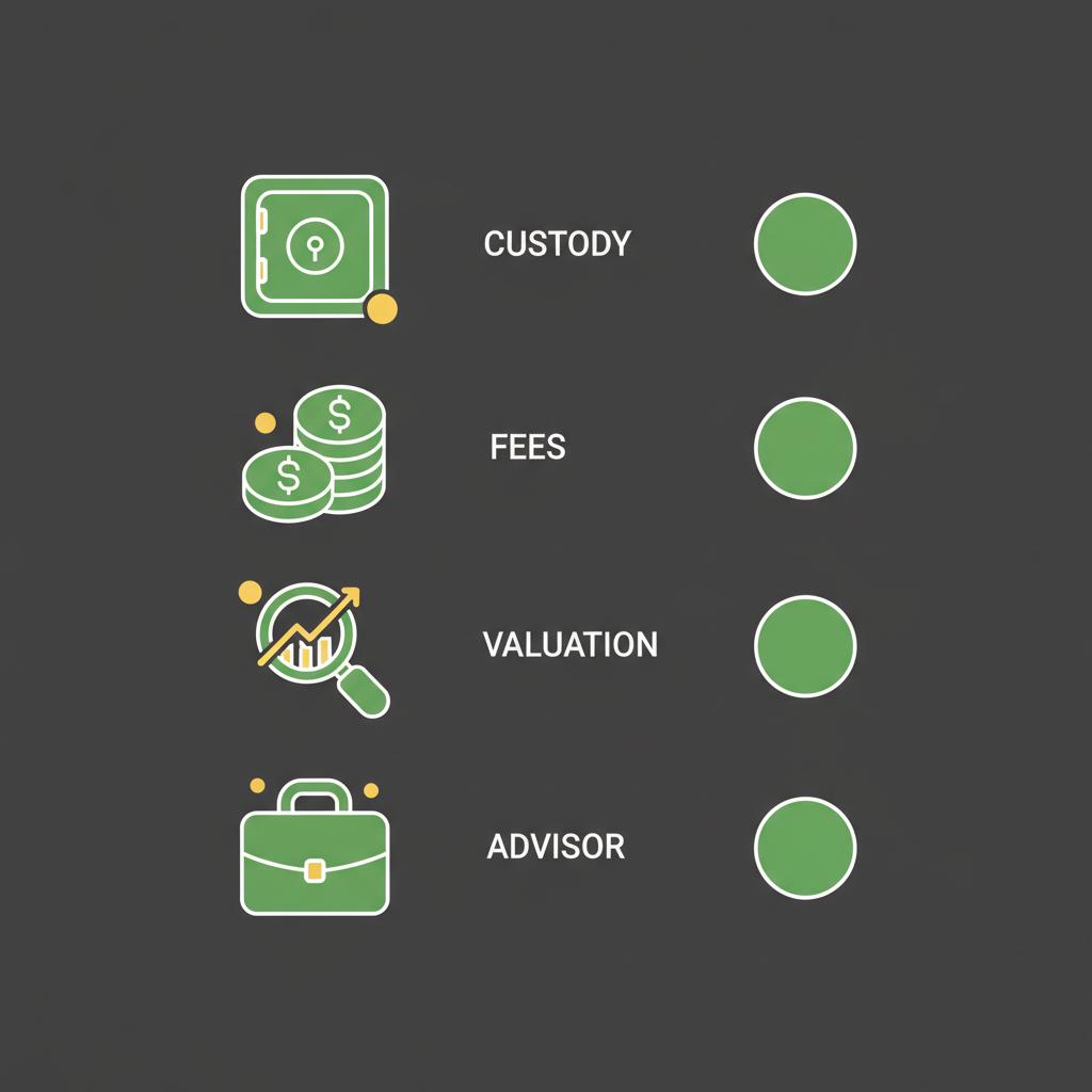 Minimalist 2D vector checklist icons for roth ira crypto showing custody lock fees coin stack valuation magnifier and advisor briefcase on dark Finance Police background