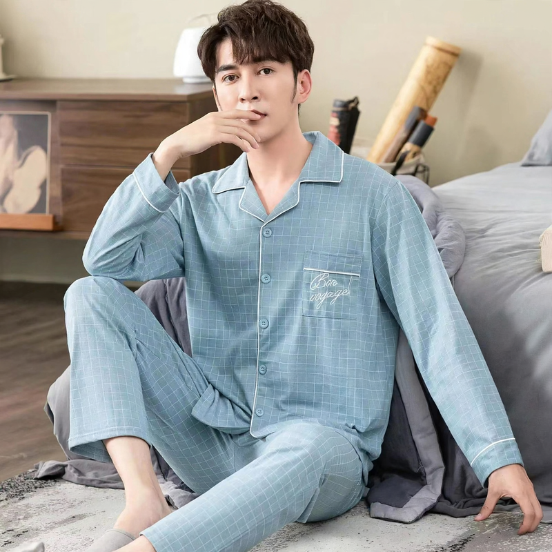 Herren-Pyjama-Set, 100% Baumwolle, langärmelig, geknöpft