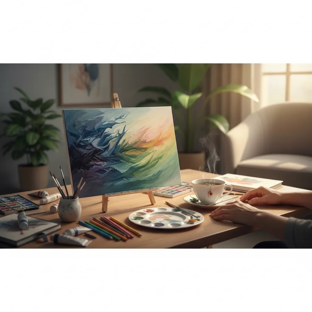 Benefits of art therapy for adults with stress and trauma support shown through abstract painting and calm workspace