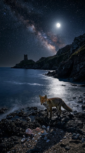 Mystical Nightscape of a Fox on a Rocky Cliff by the Ocean - Free mobile Wallpaper