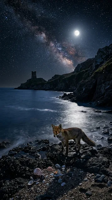 Mystical Nightscape of a Fox on a Rocky Cliff by the Ocean