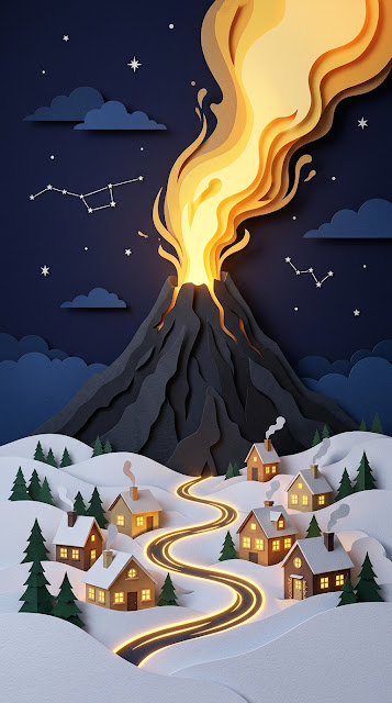3D Layered Papercut Art of Snowy Village and Glowing Volcano - Free mobile Wallpaper