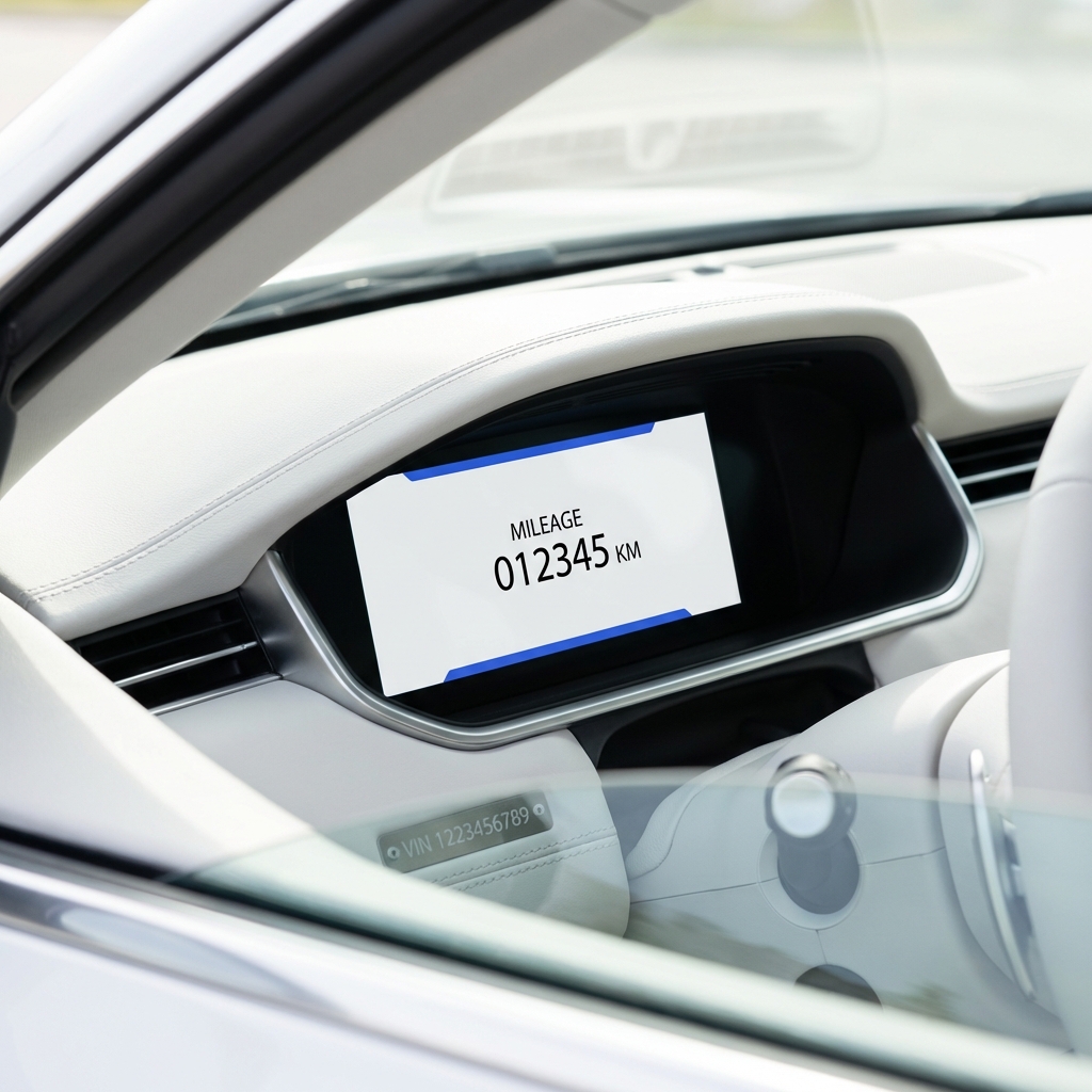 Close up of car dashboard cluster showing mileage display and visible VIN plate through windshield clean minimalist composition kelley blue book car