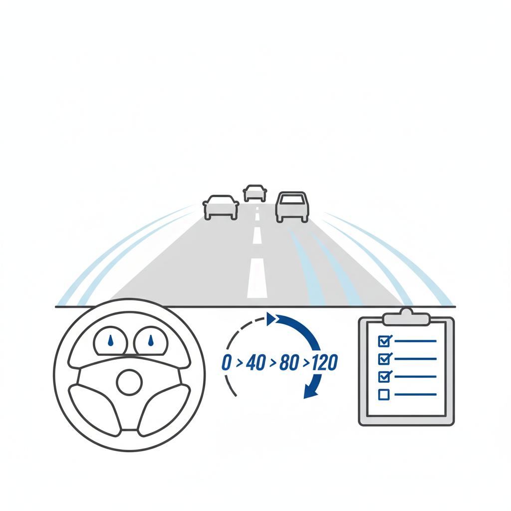 Minimalist 2D vector dashboard view of a highway test drive with clipboard checklist on passenger seat and accelerating speedometer ideal for honda cars for sale