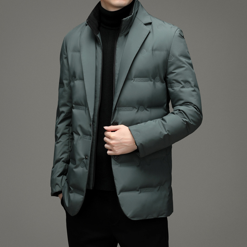 Men's down jacket, blazer style, removable stand collar