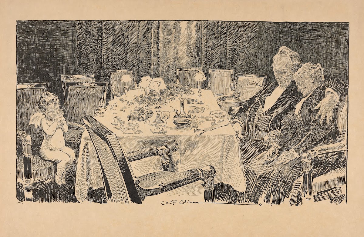 Putti sips champagne at banquet table near sleeping elderly couple
