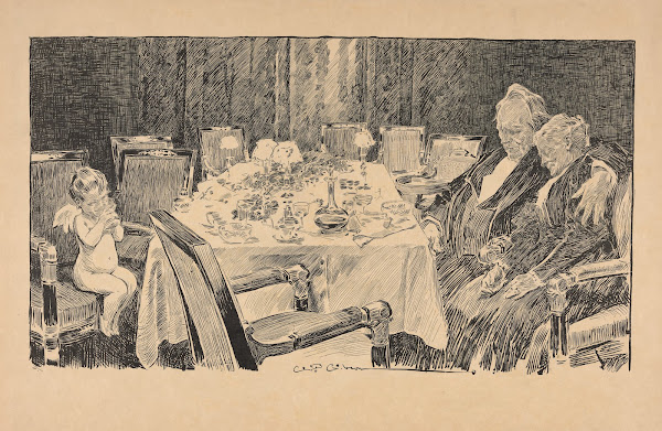 Putti sips champagne at banquet table near sleeping elderly couple