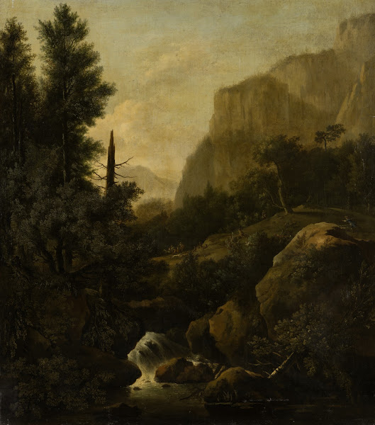 Mountain Landscape with Deer Hunt at a Waterfall ca 1668 1669
