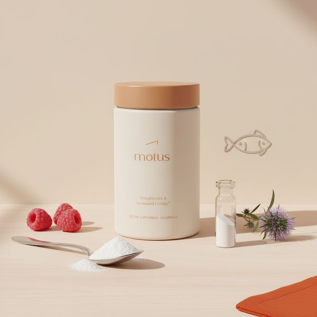 Tonum supplement jar with a spoonful of collagen powder and a small testing vial on a light wood surface, minimalist clinical scene referencing collagen side effects