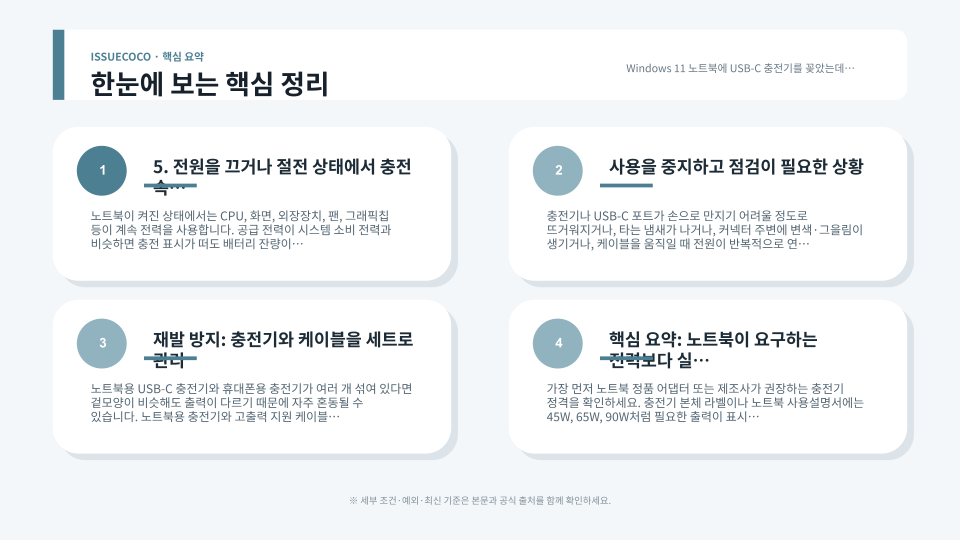 USB-C 노트북 충전 문제를 충전기 출력과 포트, 케이블, 도킹스테이션 순서로 점검하는 안내
