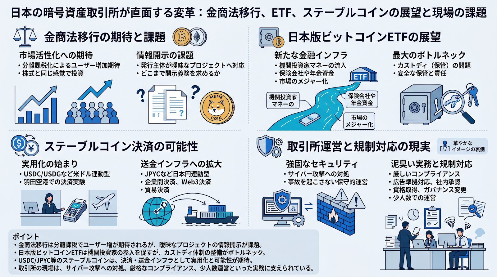 日本の暗号資産取引所が直面する変革：金商法移行、ETF、ステーブルコインの展望と現場の課題