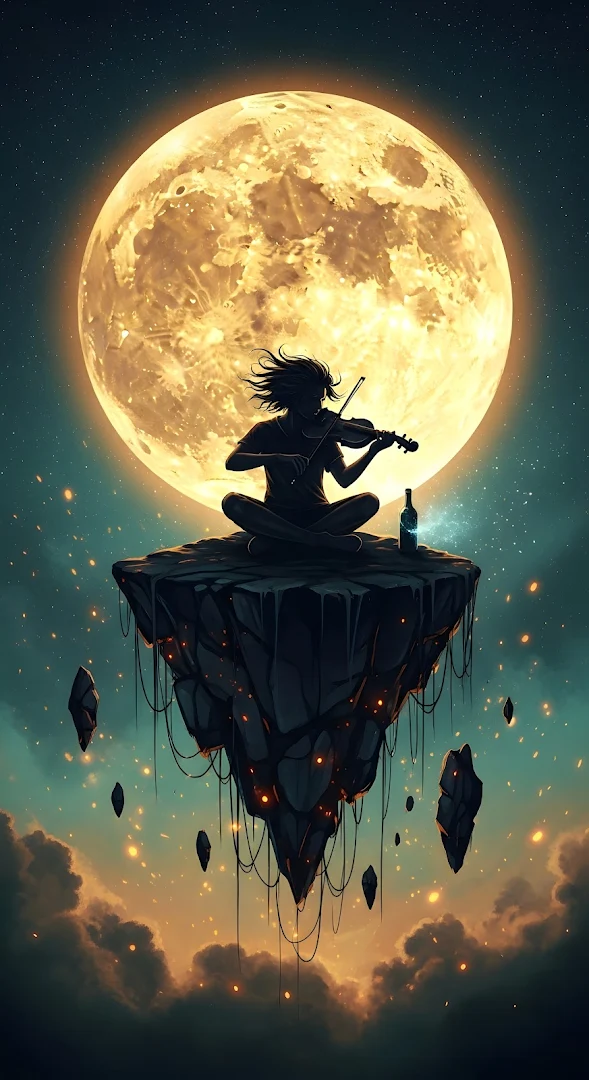 Celestial Violin Serenade: Floating Island under Giant Golden Moon