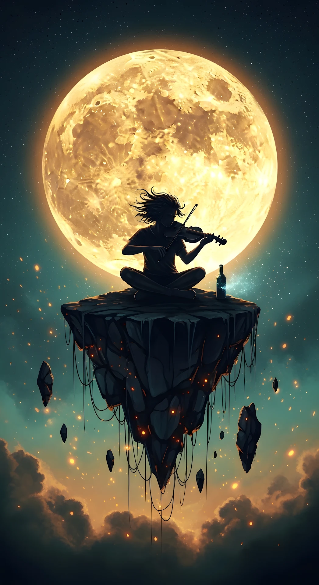Celestial Violin Serenade: Floating Island under Giant Golden Moon - Free 4K mobile Wallpaper