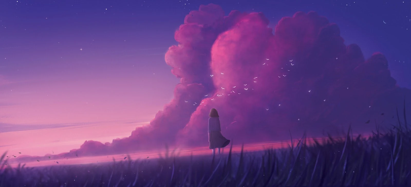 Girl Under Pink Cloud Sky - Anime Illustration 4K Wallpaper (5433x2480)