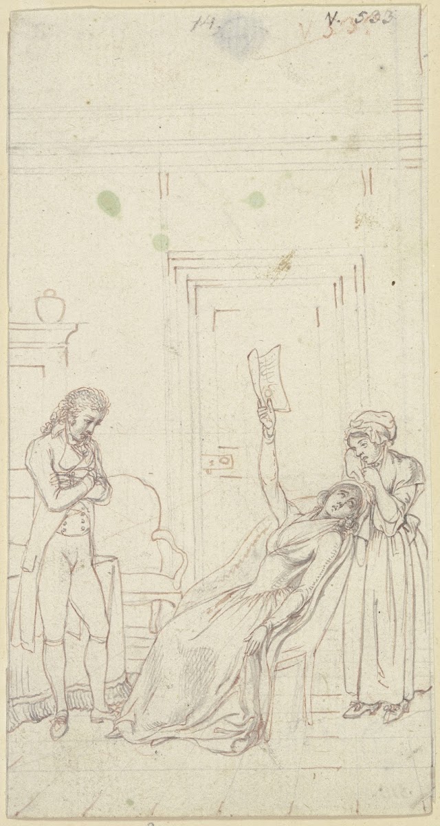 Clarissa in ihrem Stuhl zurückgelehnt verzweifelnd über den Inhalt eines Schrift