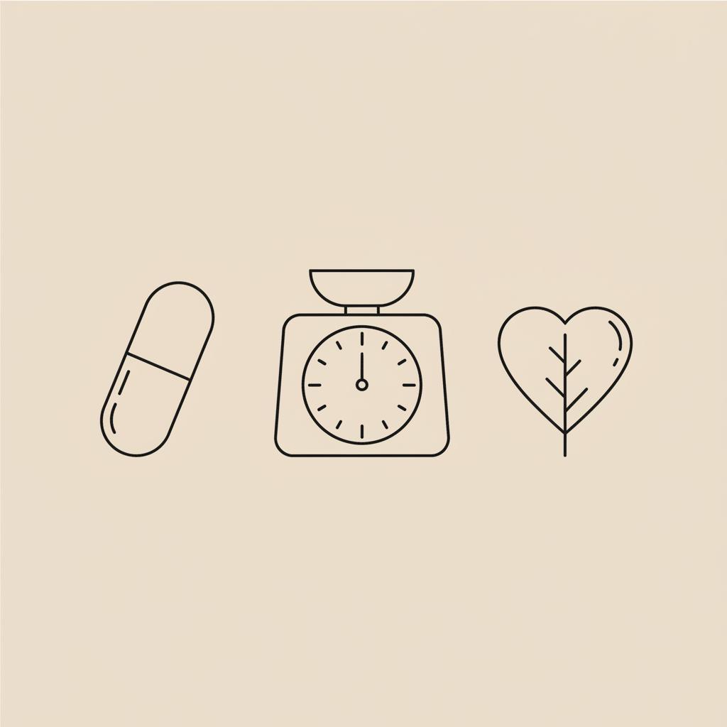 Minimal Tonum-style 2D vector line illustration of a capsule, stylized scale and heart-shaped leaf on beige background, representing how long does berberine take to work