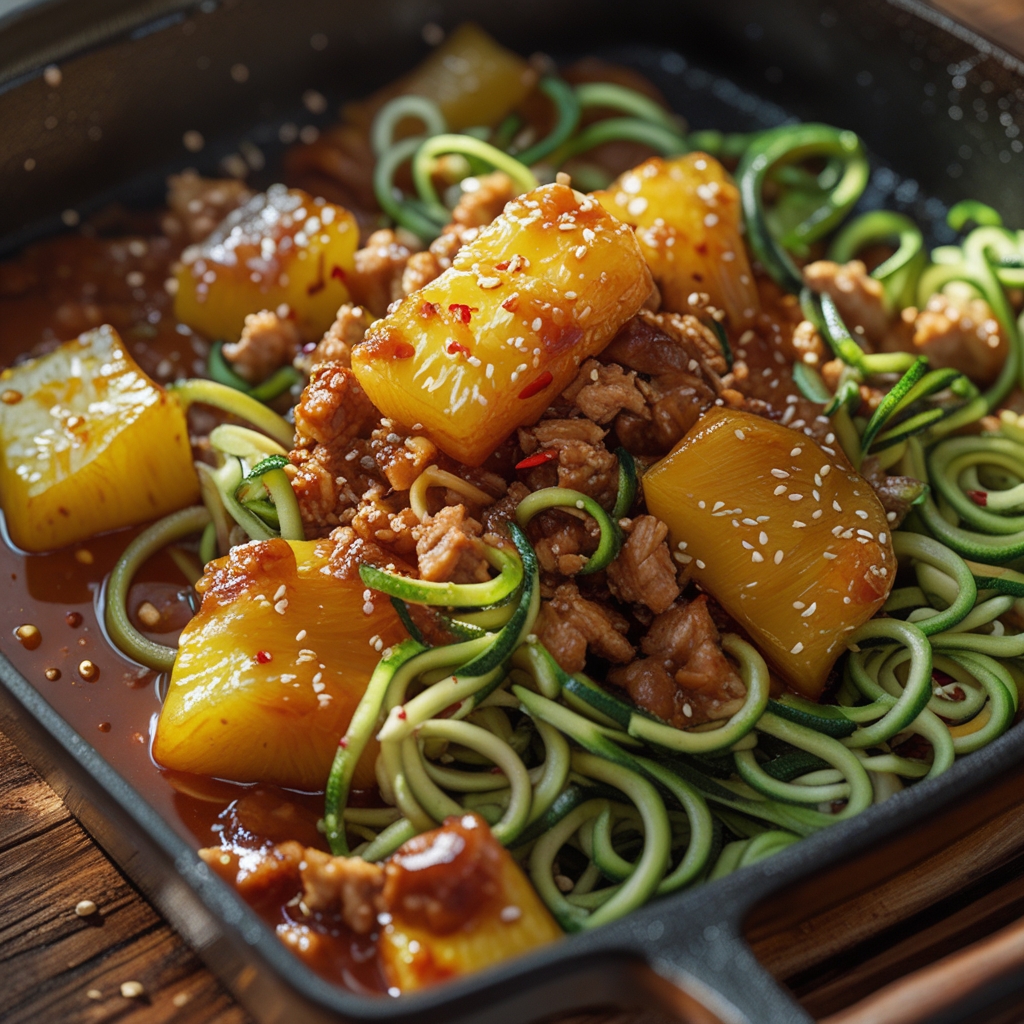 Korean BBQ Turkey & Pineapple Power Skillet with Zucchini Noodles