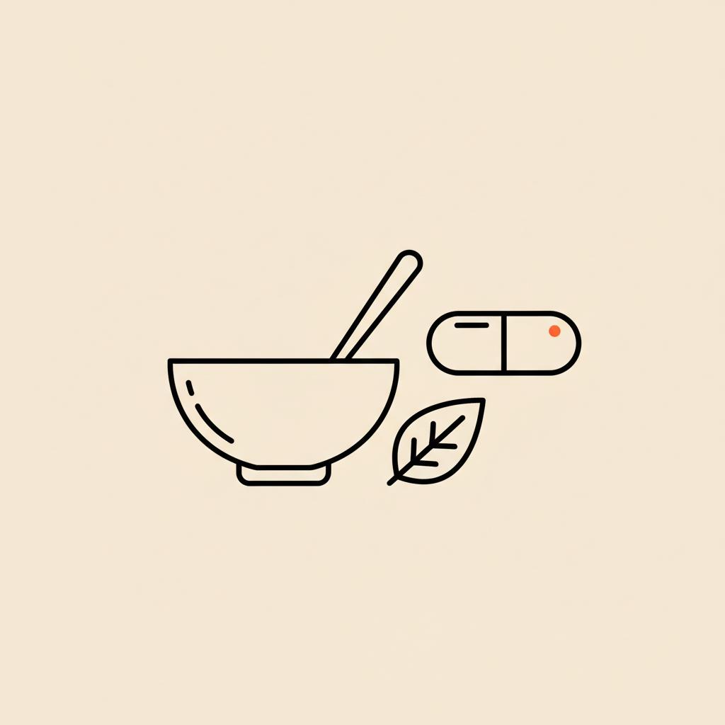 Minimal vector line illustration of a bowl with spoon, a capsule and a leaf on a beige background, referencing best meal replacement shake ingredients