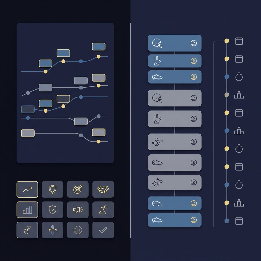 Minimal 2D vector split screen showing a market betting line on the left and a team depth chart with schedule on the right in Funded Plays style Trading College Football After a Bye Week
