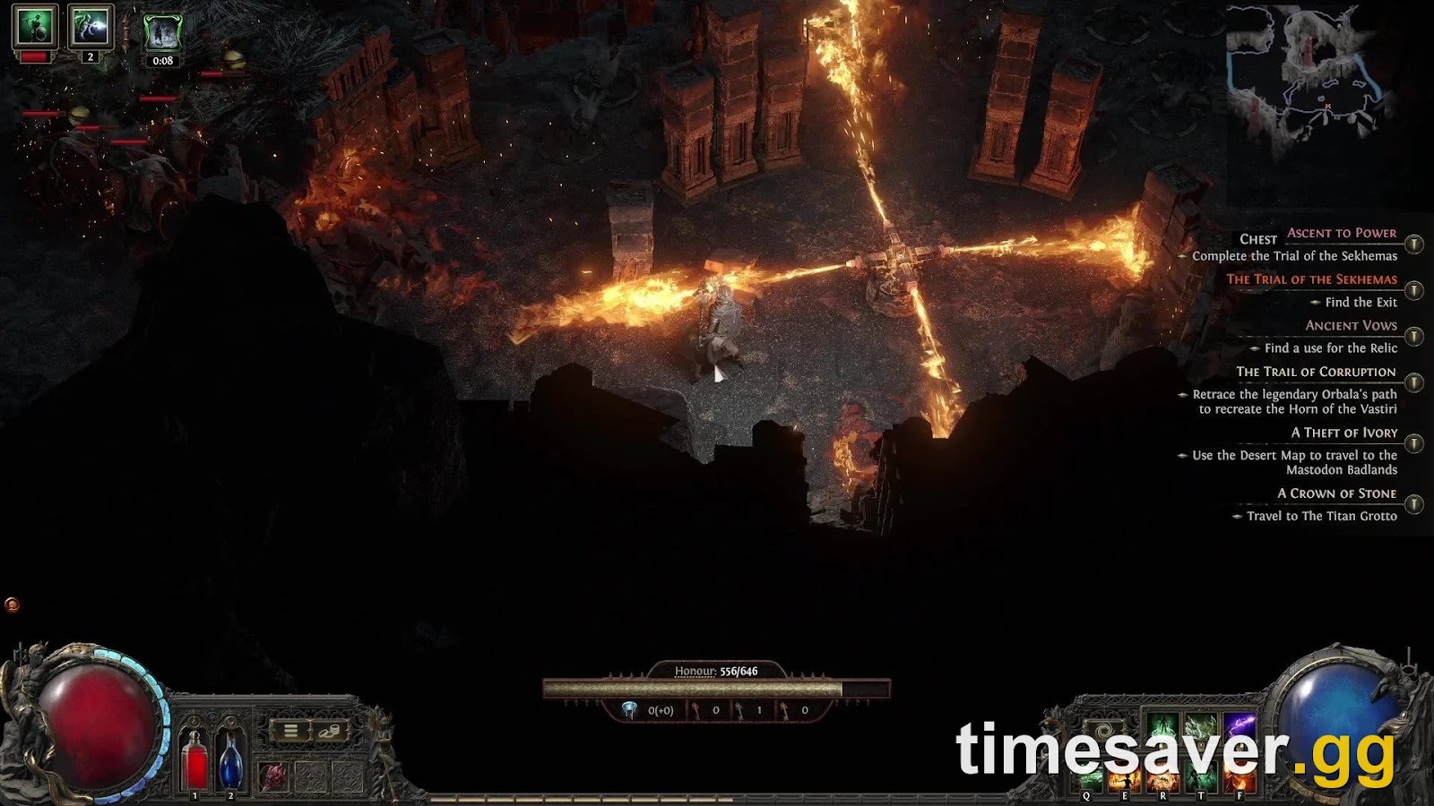 Path of Exile 2 Trial of the Sekhemas gameplay showing a character dodging fire-beam traps with the Honour meter visible, the trial that grants ascendancy points in 0.5.5