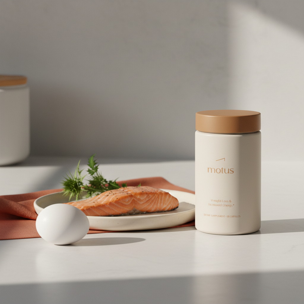 Motus supplement bottle on kitchen counter beside salmon fillet, egg and milk thistle, illustrating how to activate fat burning metabolism with simple whole-food nutrition.