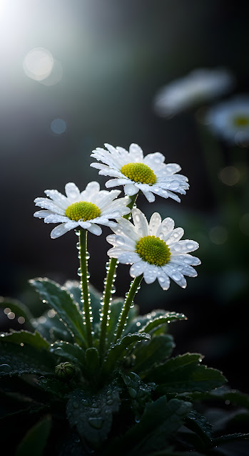 Morning Dew Drops on White Daisies Macro Photography - Free mobile Wallpaper
