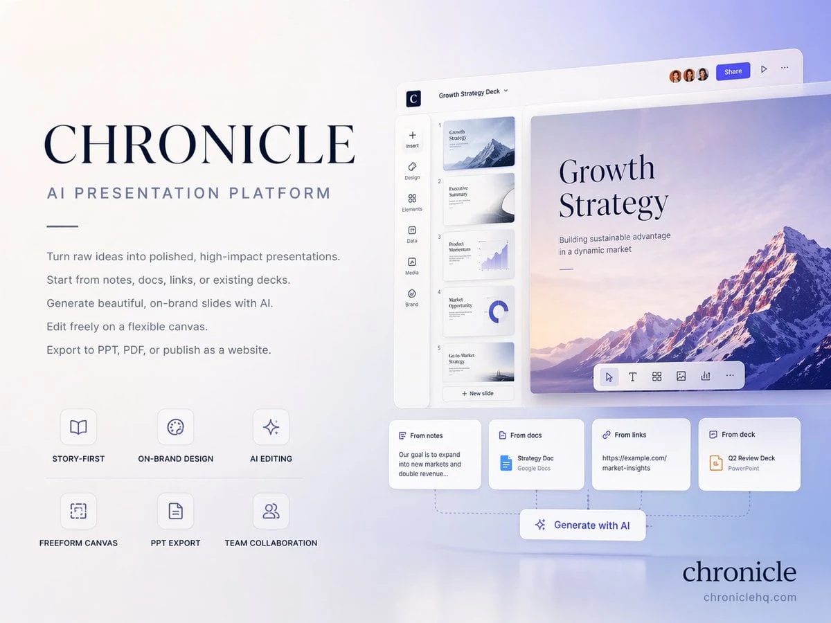 Crea una diapositiva de portada premium en formato 4:3 para presentar Chronicle, la plataforma de presentaciones con inteligencia artificial de...