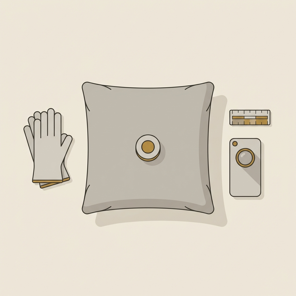 Minimalist 2D vector overhead of a conservator workspace with gloves a phone camera a photo scale and a small ceramic magnet on a padded surface in Aurora Antiqua palette ring ancient
