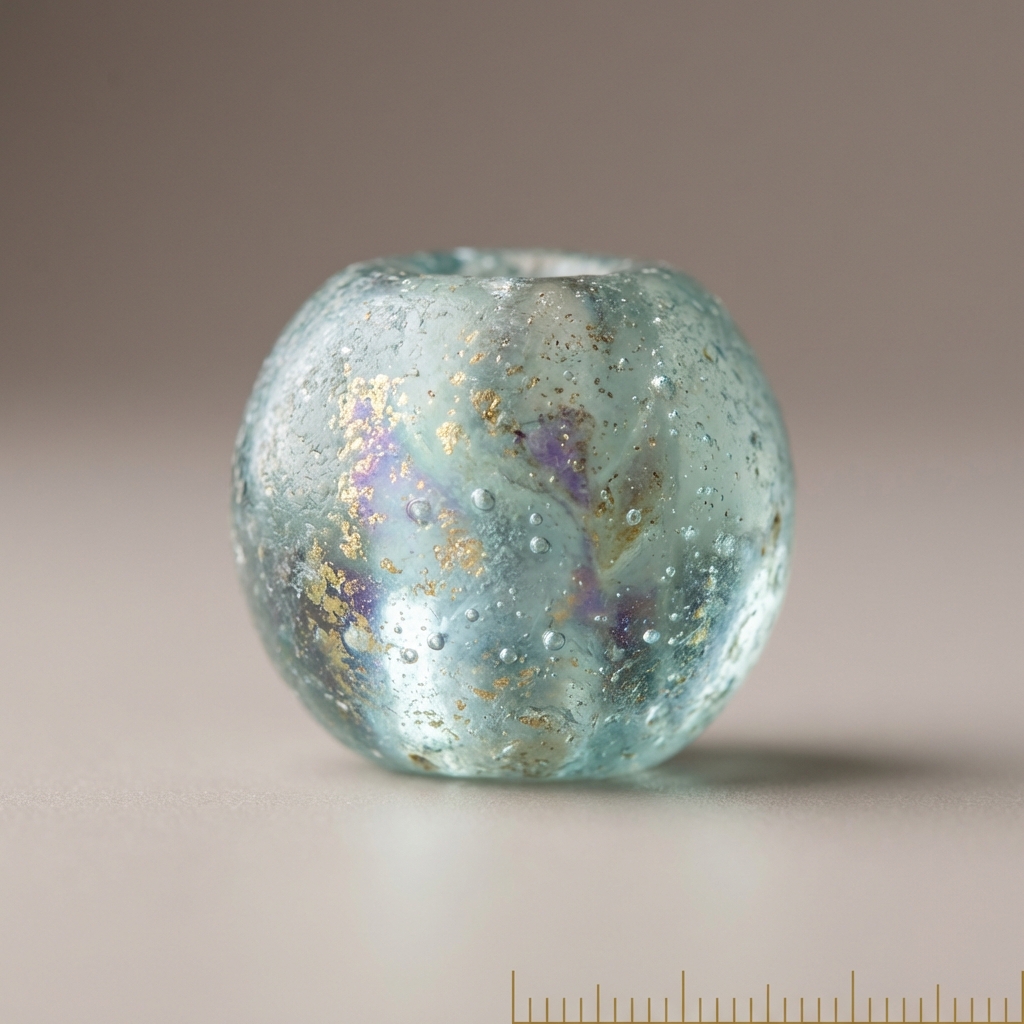 Authentic roman glass jewelry macro photo of a mould blown bead showing micro bubbles and a small millimeter scale on a minimal ede7da background in natural light
