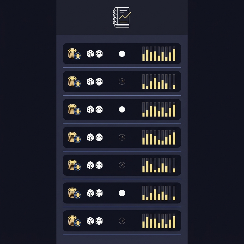 Minimalist 2D vector betting tracker app showing logged bets with chip and dice icons and graphical realized edge indicators representing practice and tracking how to bet on craps