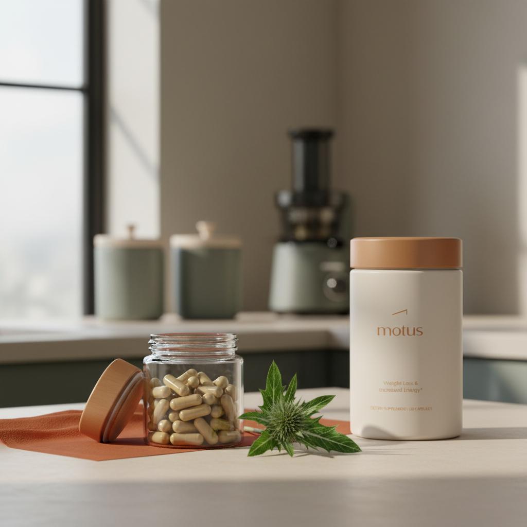 Minimalist kitchen counter with open jar of standardized milk thistle capsules and Tonum product container in natural daylight, clinical yet approachable wellness scene with milk thistle.
