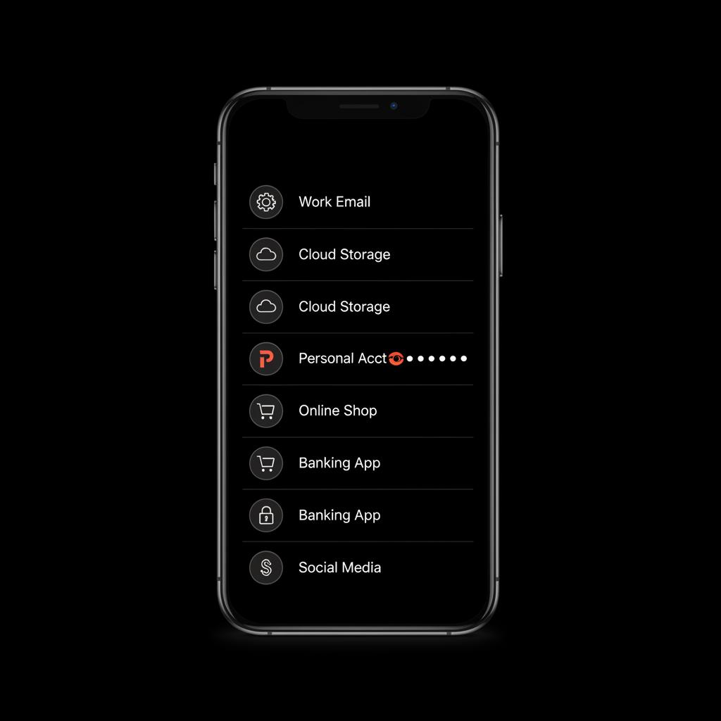 Minimalist vector smartphone infographic showing a vertical password list with masked entries and a highlighted show eye icon on black background — can i see all my passwords