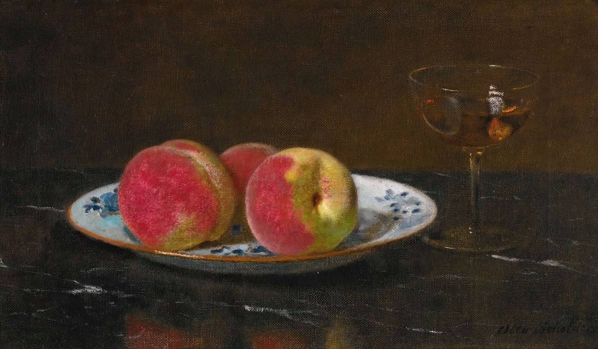 Still life with peaches and glass