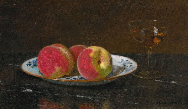 Still life with peaches and glass