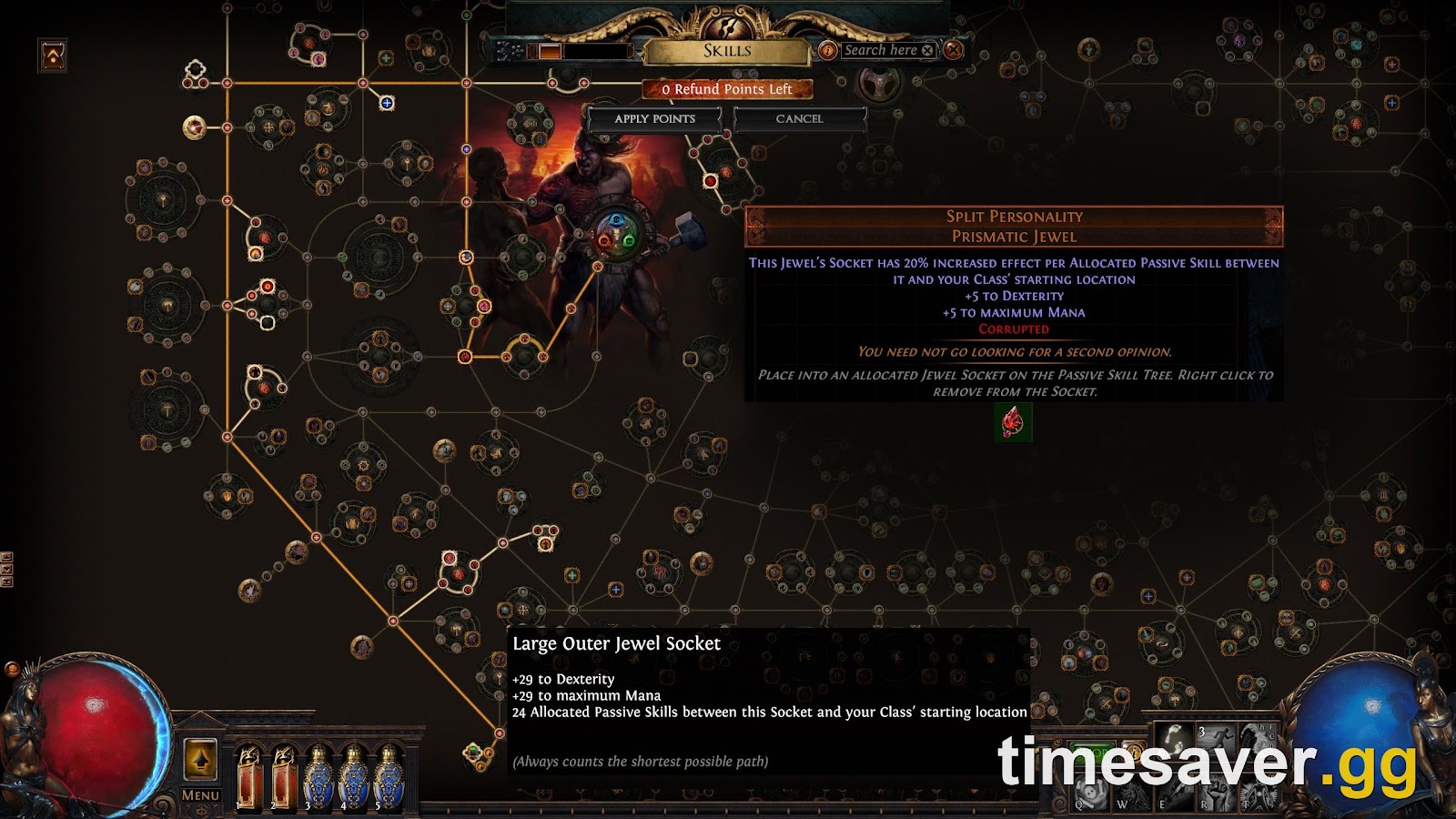 Path of Exile passive skill tree with a Split Personality jewel socketed near the Marauder start