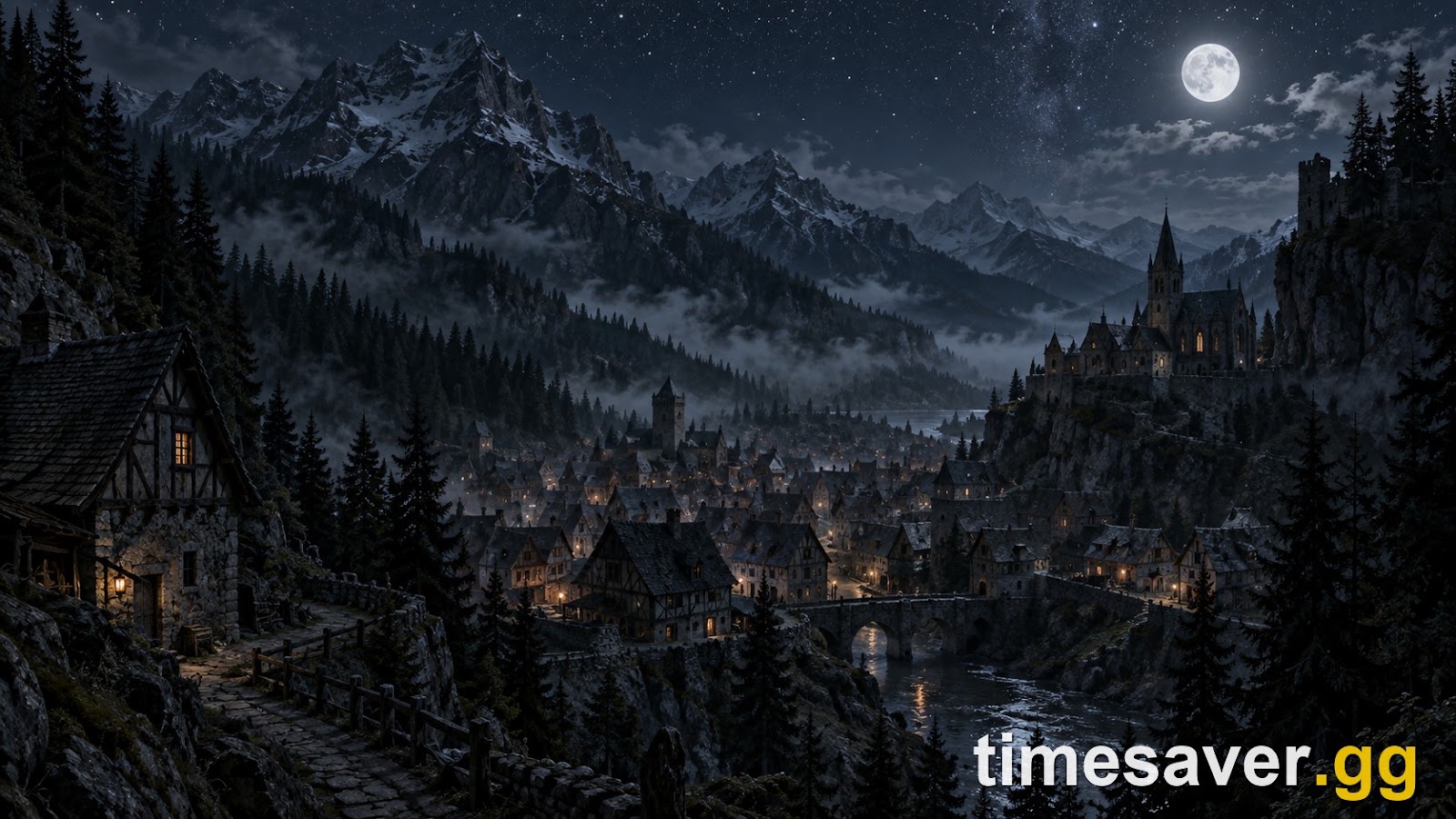 Moonlit medieval mountain town in a Carpathian valley at night, atmospheric art for The Blood of Dawnwalker