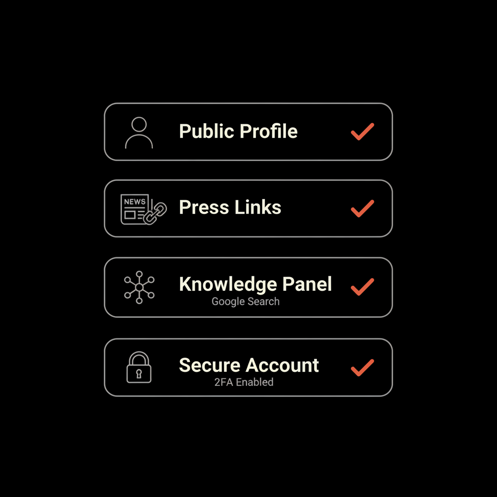 Minimal vector checklist infographic showing steps to verification—public profile, press links, Knowledge Panel, secure account. can normal people get blue tick in Instagram