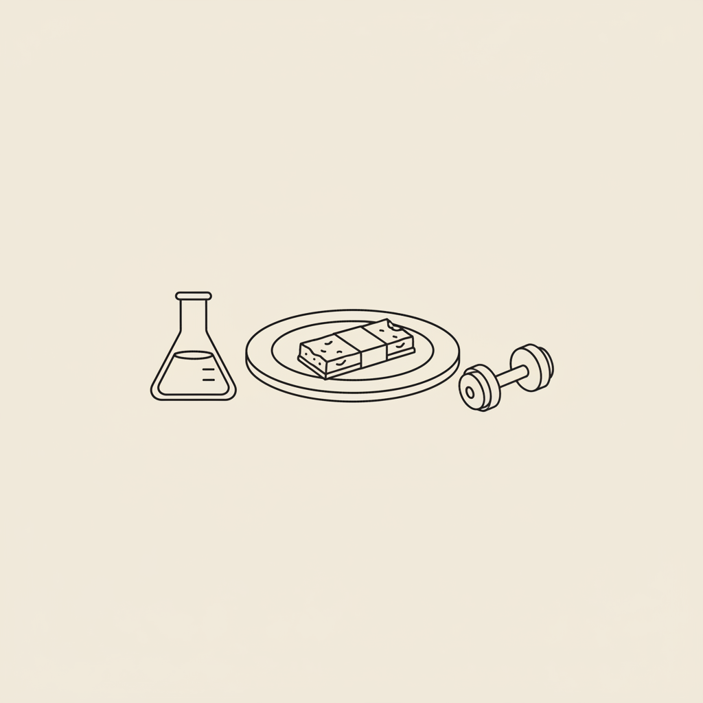 Minimal Tonum-style line illustration of a plate with a protein bar, a small dumbbell and a lab beaker on beige background — protein bars for fat loss