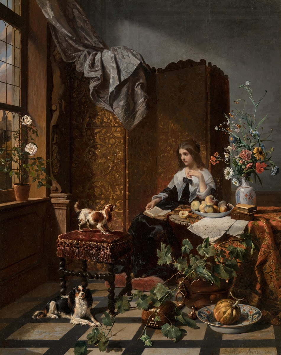 A woman with lapdogs in a lavish interior 1852