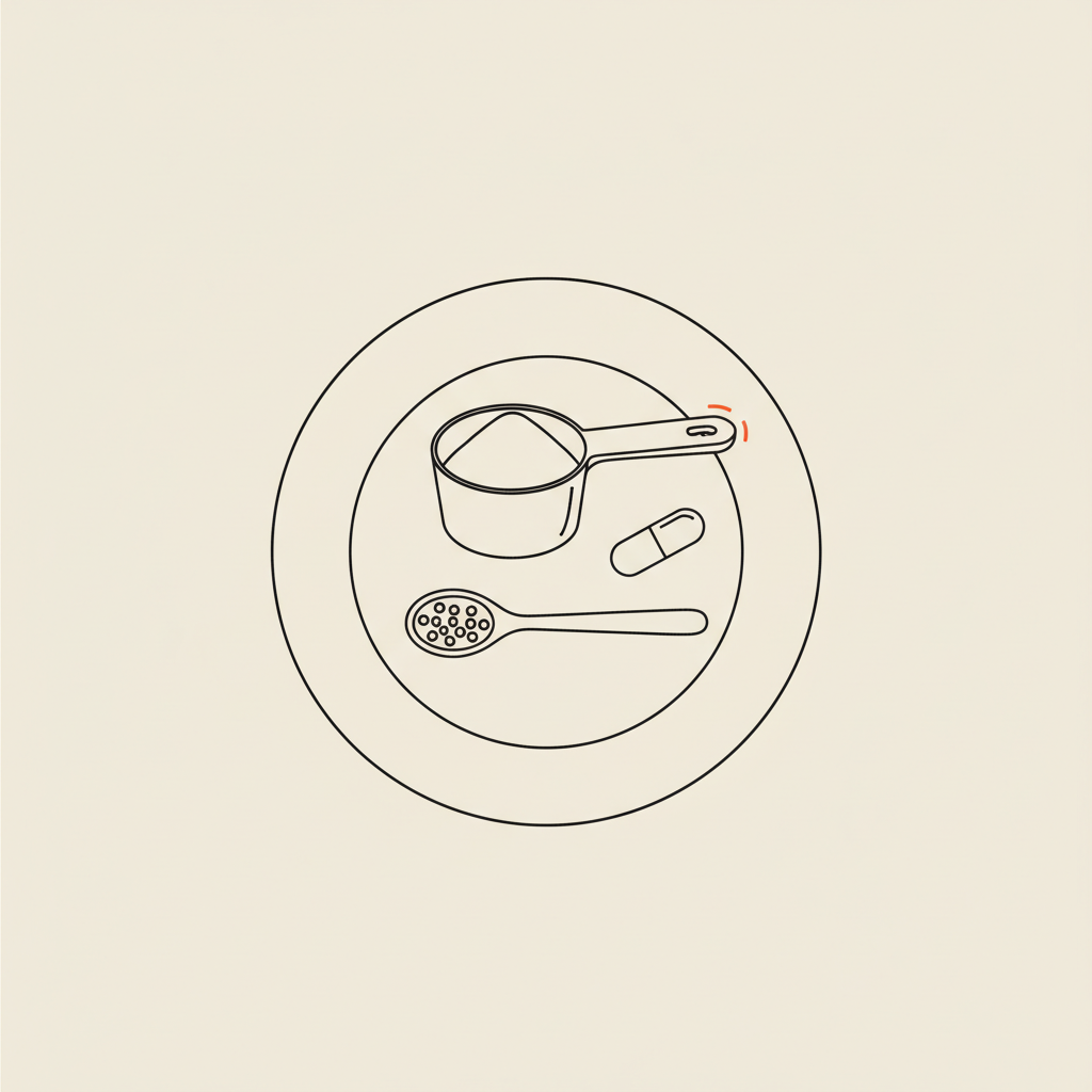 Minimalist vector line illustration of a plate with a protein powder scoop, a flaxseed spoon and a small capsule on a beige background, referencing protein shakes.