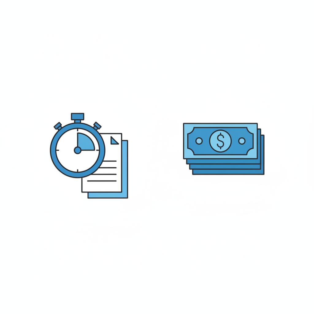Minimalist split screen 2D vector showing a stopwatch and paperwork on the left and a stack of cash on the right representing time versus proceeds trade in price for my car