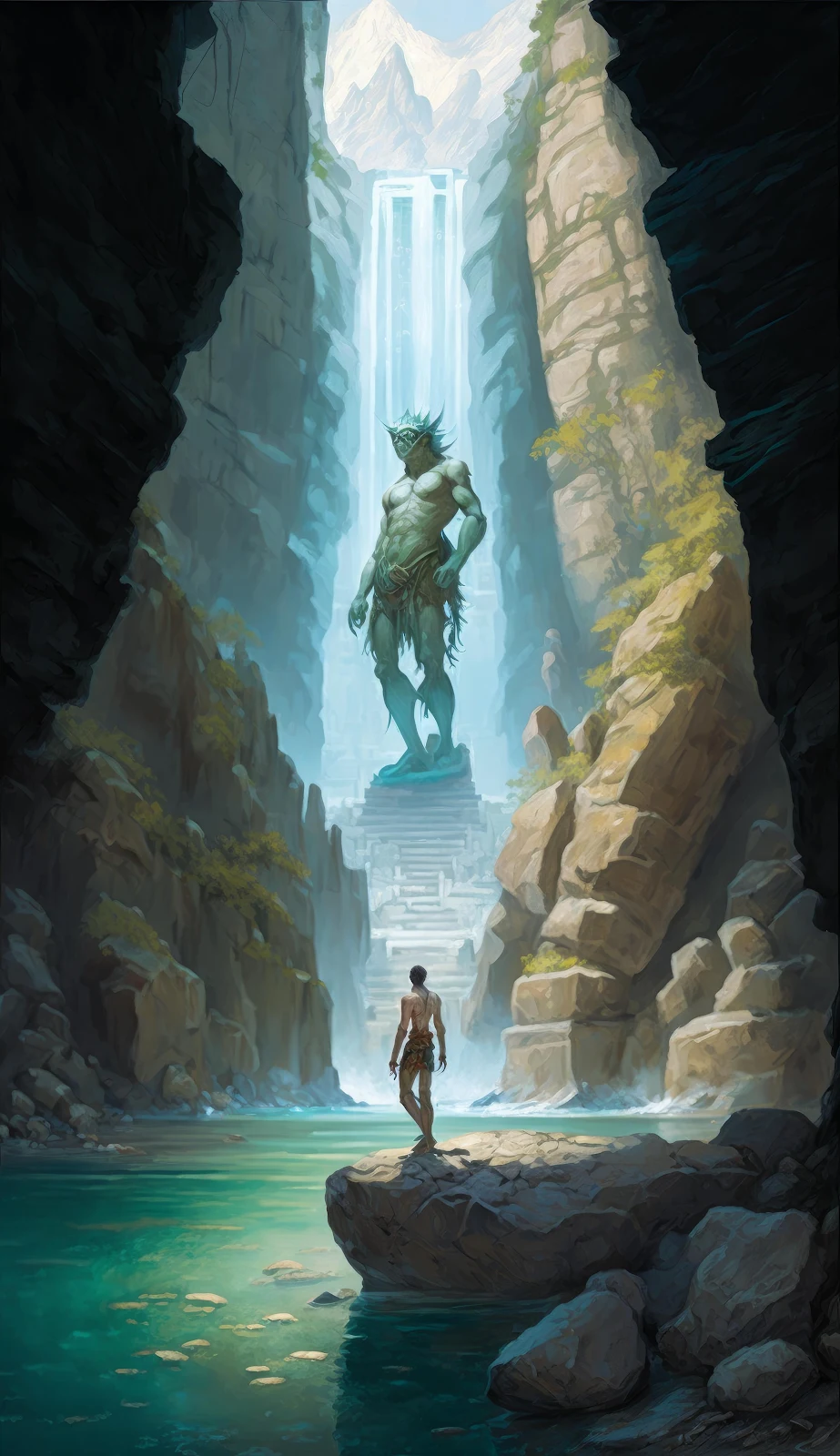 Giant Statue in Hidden Gorge - Digital Fantasy Art 4K iPhone Wallpaper (2630x4559)